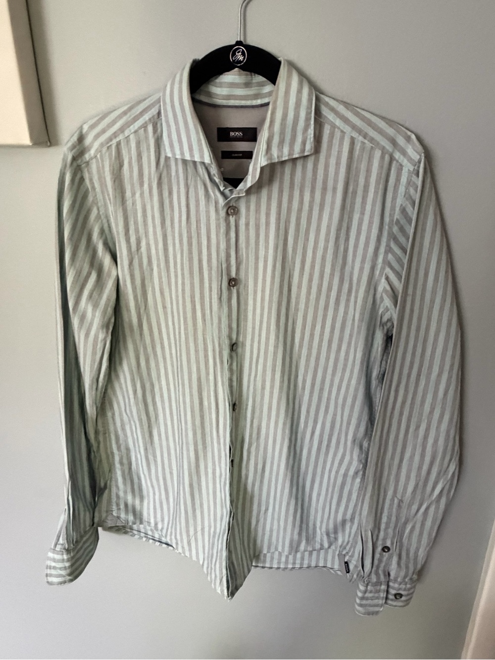 BOSS Hugo Boss Men's Slim Fit Striped Button Down Shirt Medium Teal and Gray